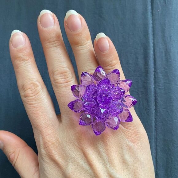 Kids Fun and Bold Purple Translucent Plastic Crystal Flower Ring - Picture 1 of 5